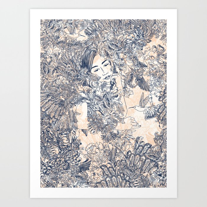 Daydreamer - Japanese girl line art illustration repeat design Art Print