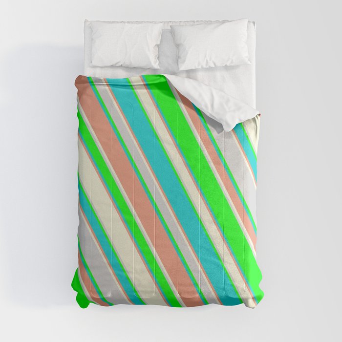 Lime, Dark Turquoise, Dark Salmon, Beige, and Light Gray Colored Stripes/Lines Pattern Comforter