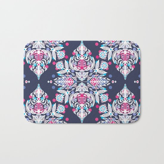 Pastel Folk Art Pattern in soft navy, pink, mauve & white Bath Mat