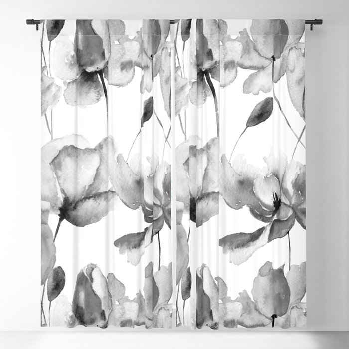 Black and White Watercolor Tulip and Poppy Floral Pattern Blackout Curtain