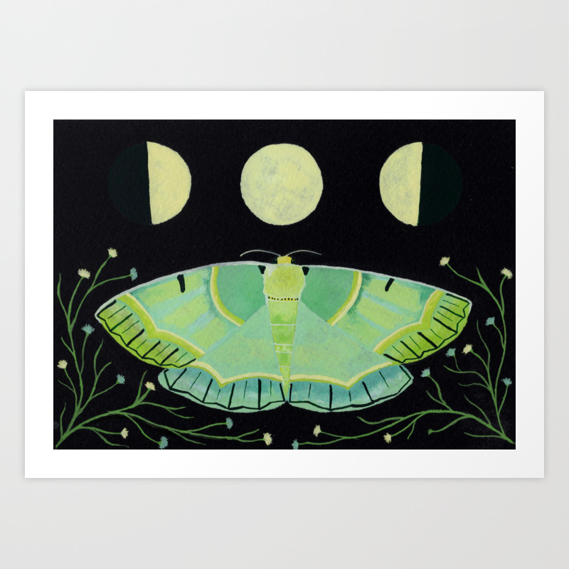 Mint Lime Green Moth Gouache Moon Phase Painting Art Print By
