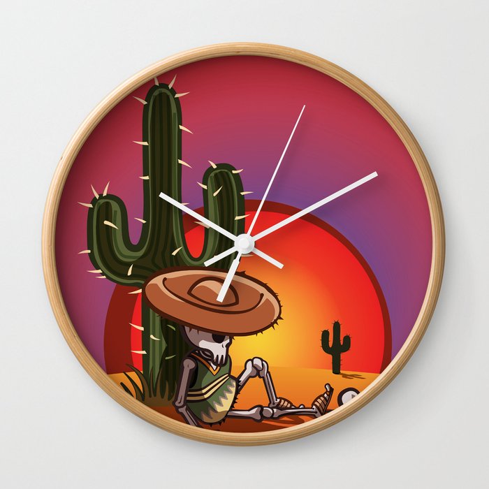 Cactus and skeleton at Sunset Wall Clock