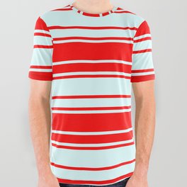 [ Thumbnail: Light Cyan & Red Colored Pattern of Stripes All Over Graphic Tee ]