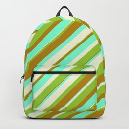 [ Thumbnail: Beige, Green, Dark Goldenrod, and Aquamarine Colored Striped/Lined Pattern Backpack ]
