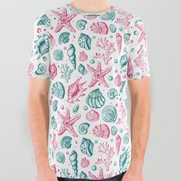 Vintage Seashell Pattern In Pastel Aqua And Pink Aesthetic All Over Graphic Tee