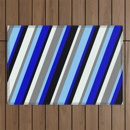 [ Thumbnail: Vibrant Gray, Light Sky Blue, Blue, Black, and Mint Cream Colored Lines Pattern Outdoor Rug ]
