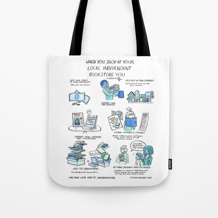 Support Your Independent Bookstore Tote Bag | Drawing, Ink-pen, Watercolor, Infographic, Bookstore, Indie-bookstore, Indie-books, Books, Indiebound, Lily-williams