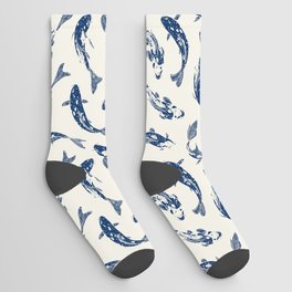 Navy Blue Koi Carp Fish Pattern on Antique White  Socks