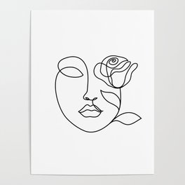Beauty woman face with rose. Abstract minimal fine art. One line drawing. Poster