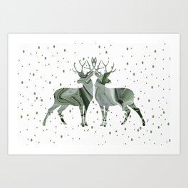 Two Reindeer Moose Winter Snowflakes Stars red #x-mas Art Print