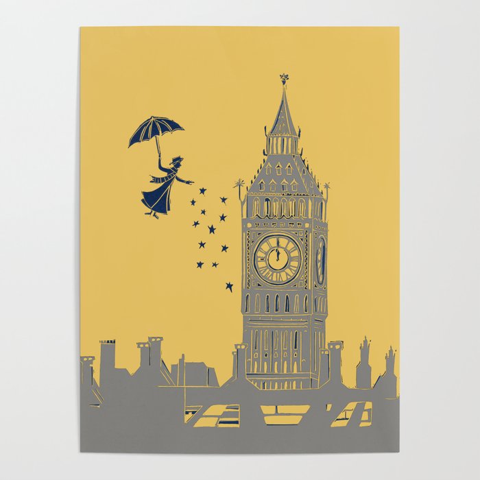 Mary Poppins and Big Ben in Mustard Yellow and Grey Poster