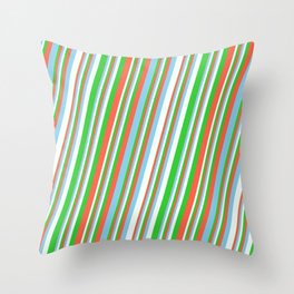 [ Thumbnail: Red, Sky Blue, Mint Cream, and Lime Green Colored Pattern of Stripes Throw Pillow ]
