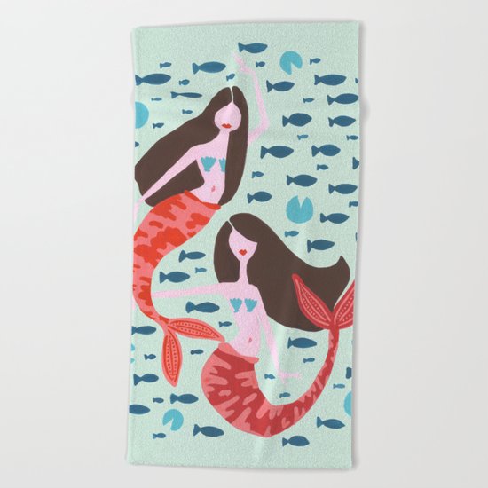 Koi Mermaids on Mint Beach Towel