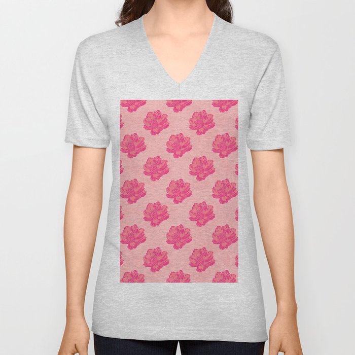 Hot pink orange peonies  V Neck T Shirt