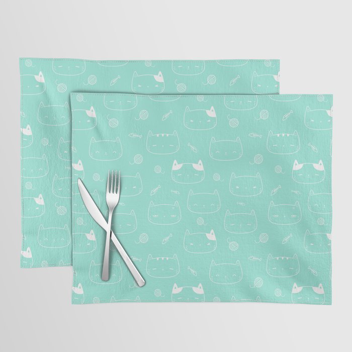 Seafoam and White Doodle Kitten Faces Pattern Placemat