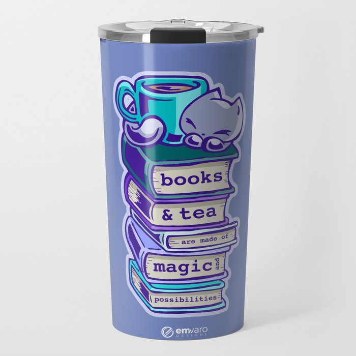 Cat Bookstack Tea Travel Mug