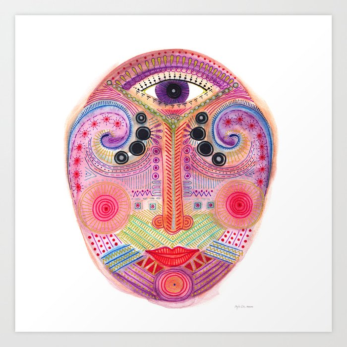 the all seing tranquility mask Art Print | Painting, Acrylic, Watercolor, Illustration, Pop-art, Mask, Ethnic, Face, Portrait, Cyclops