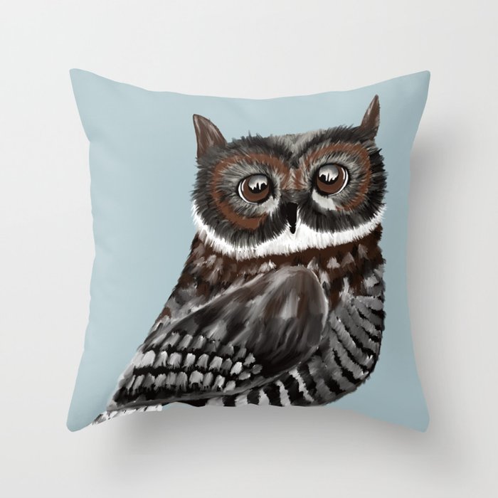 Adorable Owl In Blue Throw Pillow | Painting, Digital, Owl, Blue-background, Ownl-in-blue-design, Beautiful-eyed-owl, Big-eyed-owl, Owl-with-big-eyes, Owl-home-decor, Owl-art-print