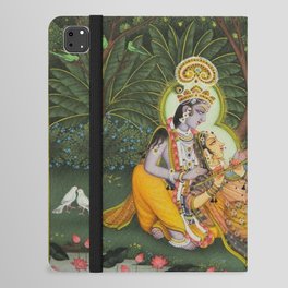 Indian Masterpiece: Radha Krishna in the garden by the stream with lotus flowers landscape painting iPad Folio Case