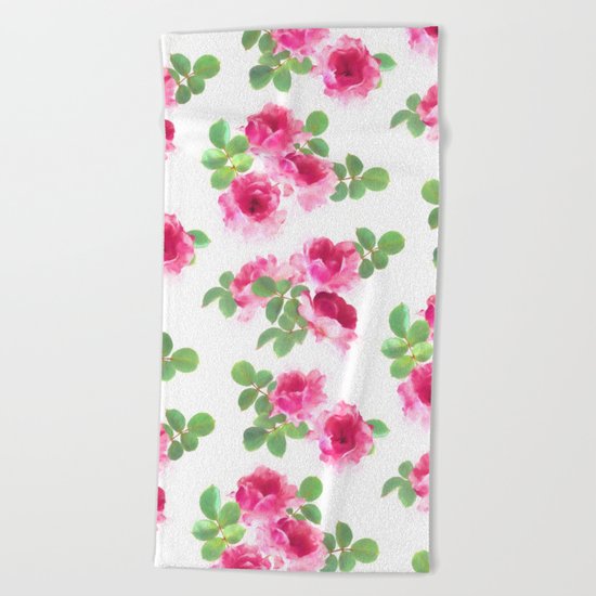 Raspberry Pink Painted Roses on White Beach Towel