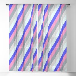 [ Thumbnail: Colorful Hot Pink, Slate Gray, Light Grey, Light Cyan & Blue Colored Striped Pattern Sheer Curtain ]