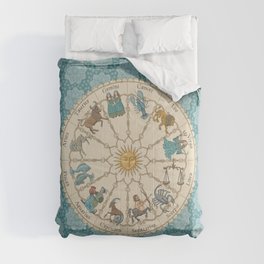 Vintage Astrology Zodiac Wheel on Teal Comforter