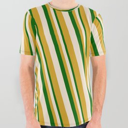 [ Thumbnail: Dark Green, Beige, and Goldenrod Colored Stripes/Lines Pattern All Over Graphic Tee ]