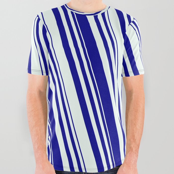 Dark Blue and Mint Cream Colored Striped Pattern All Over Graphic Tee