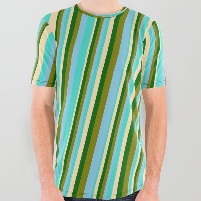 Turquoise, Beige, Dark Green, Green & Sky Blue Colored Pattern of Stripes All Over Graphic Tee