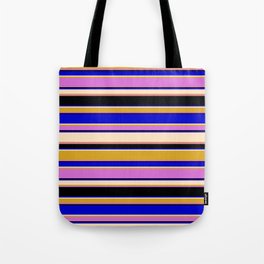 [ Thumbnail: Colorful Blue, Bisque, Goldenrod, Orchid, and Black Colored Stripes Pattern Tote Bag ]