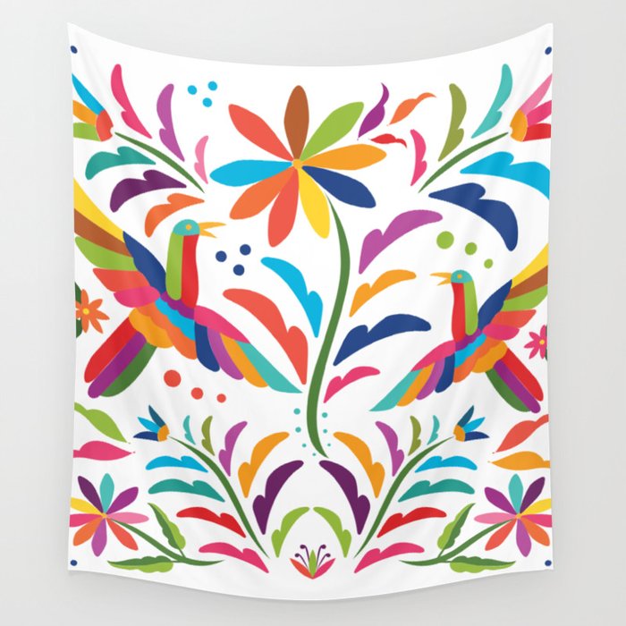 Mexican Otomí Floral Composition with birds / Colorful & happy art by Akbaly Wall Tapestry