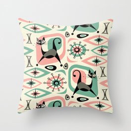Mid Century Cat Abstract - Pink Aqua Throw Pillow