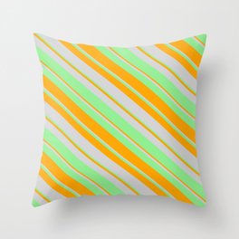 [ Thumbnail: Light Green, Orange & Light Grey Colored Lined/Striped Pattern Throw Pillow ]