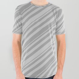[ Thumbnail: Light Gray and Dark Gray Colored Lines Pattern All Over Graphic Tee ]