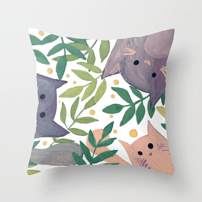 Cats and branches - fuzzy peach and green Throw Pillow