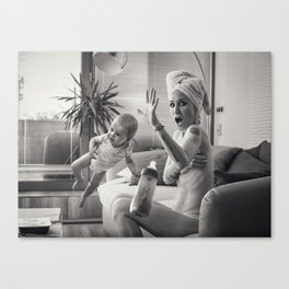 Motherhood is not all that it is cracked up to be humorous mom and child surprised black and white photograph / photography / photographs Canvas Print