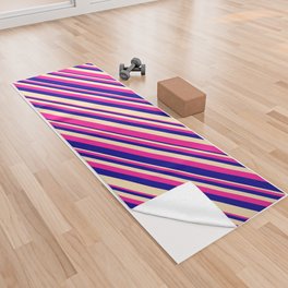 [ Thumbnail: Deep Pink, Dark Blue & Beige Colored Lined Pattern Yoga Towel ]