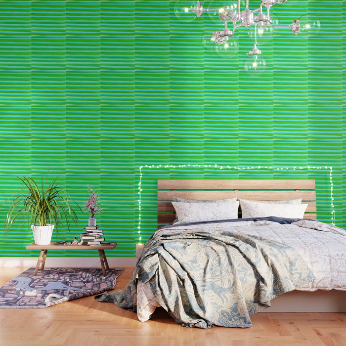 Paint Brush Stripes, Bright Blue and Green Wallpaper