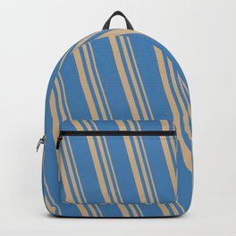 [ Thumbnail: Tan & Blue Colored Lines/Stripes Pattern Backpack ]