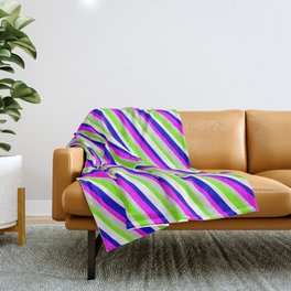 [ Thumbnail: Eyecatching Blue, Fuchsia, Light Gray, Green, and White Colored Lined Pattern Throw Blanket ]