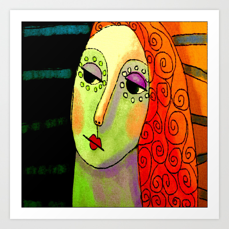 Woman With Curly Red Hair Abstract Digital Portrait Art Print