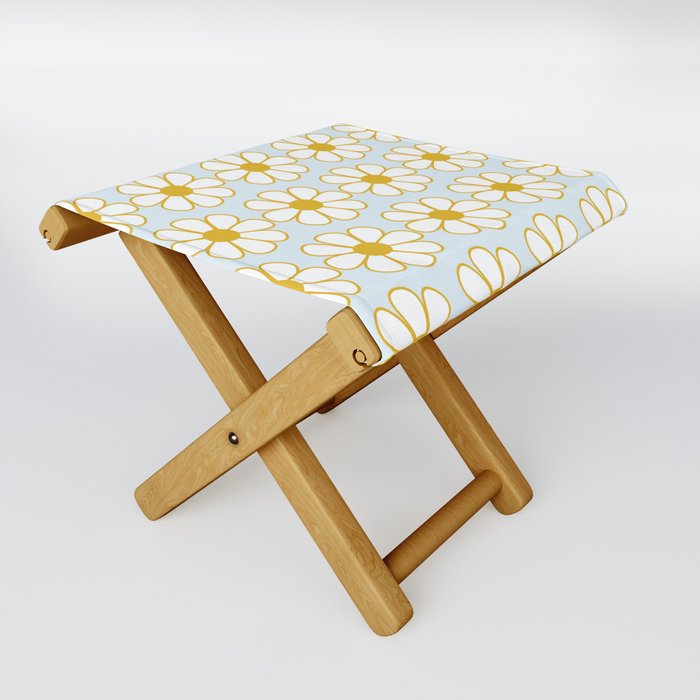 Cheerful Retro Daisy Pattern in Mustard and Pale Ice Blue Folding Stool