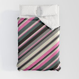 [ Thumbnail: Grey, Beige, Hot Pink, Dark Slate Gray, and Black Colored Lines/Stripes Pattern Duvet Cover ]