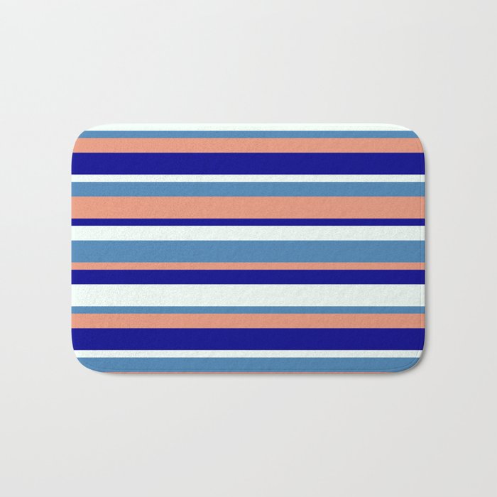 Blue, Dark Salmon, Dark Blue & Mint Cream Colored Stripes Pattern Bath Mat