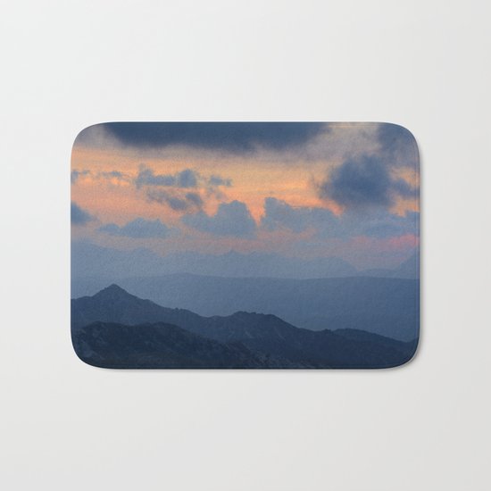 "Sunset at mountains" Mountain light Bath Mat