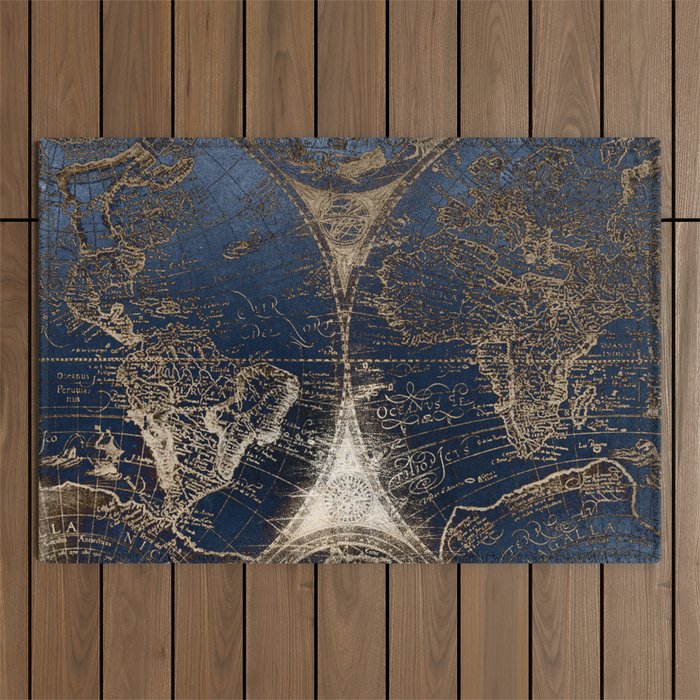 World Map Deep Blue and Gold Outdoor Rug