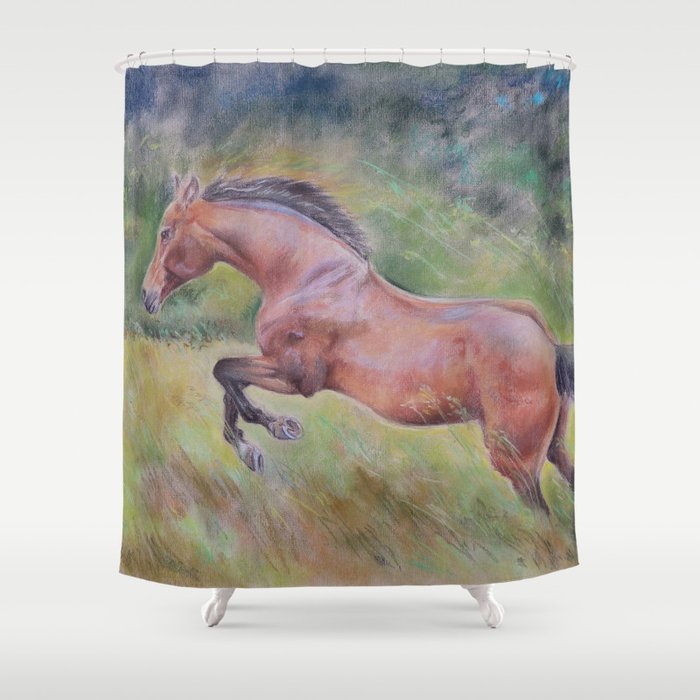 A brown horse jumping on a green meadow Pastel drawing Animal Art in the landscape Shower Curtain