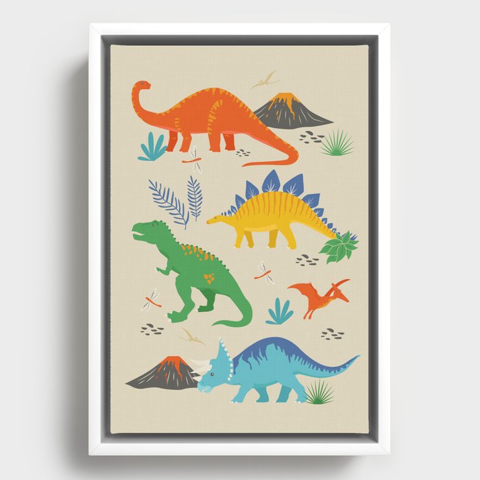 Jurassic Dinosaurs in Primary Colors Framed Canvas
