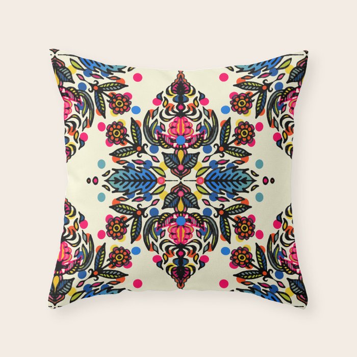 Hot Pink & Soft Cream Folk Art Pattern Throw Pillow by micklyn