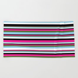 [ Thumbnail: Vibrant Deep Pink, Dark Olive Green, Sky Blue, White, and Black Colored Lined/Striped Pattern Beach Towel ]